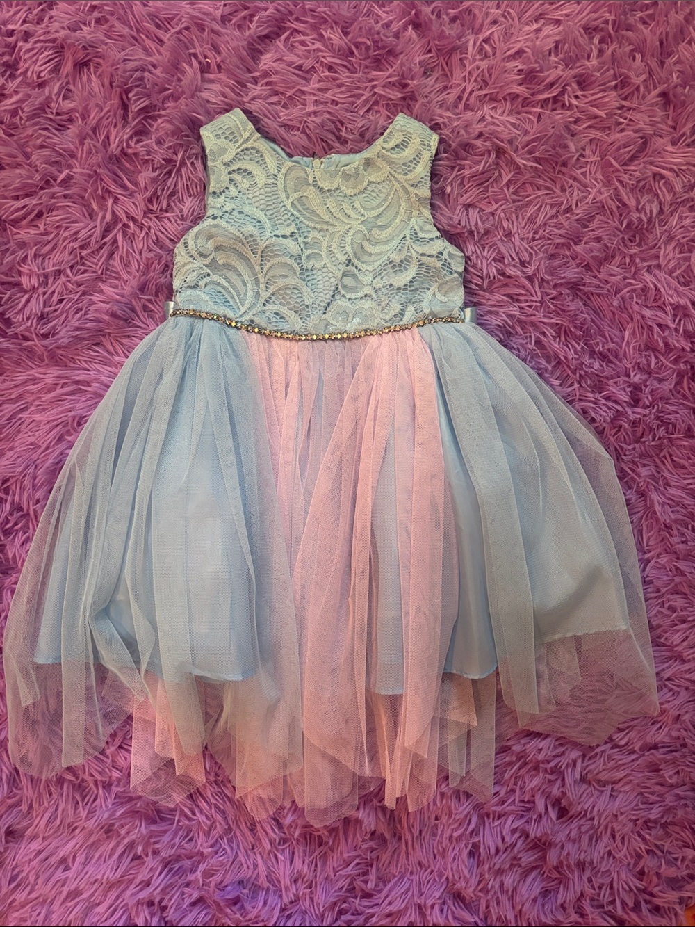 Rare Editions Lace & Tulle Party Dress - Light Blue & Pink